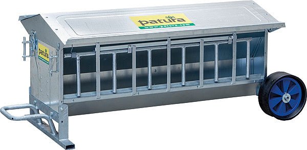Lämmer-Futterautomat, L= 1,25 m, fahrbar Inhalt ca. 120 ltr., mit Dach, verzinkt - Weidetec