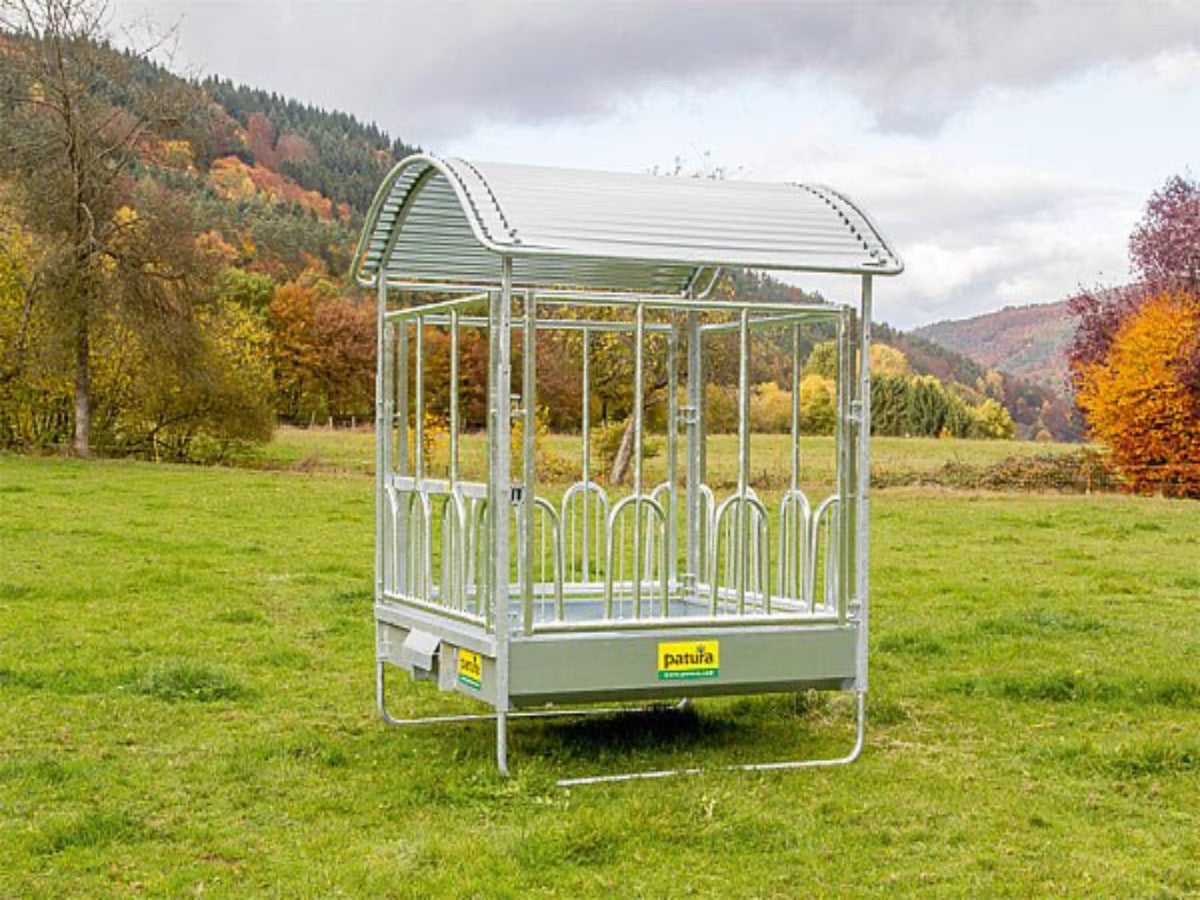Profi-Viereckraufe mit Universal-Fressgittern und Dach - Pferde, Rinder - Weidetec