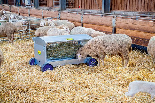 Heuraufe mit Rädern, L=1,25m mit Dach, für Lämmer und Schafe